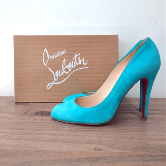Christian Louboutin Riviera turquoise Ron Ron 100 suede red bottom heels 40/ 9 - Picture 1 of 12